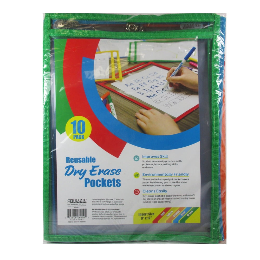 Reusable Laminate Folder Dry Erase Pockets 9" x 12" Assorted Colors, 10 Pieces