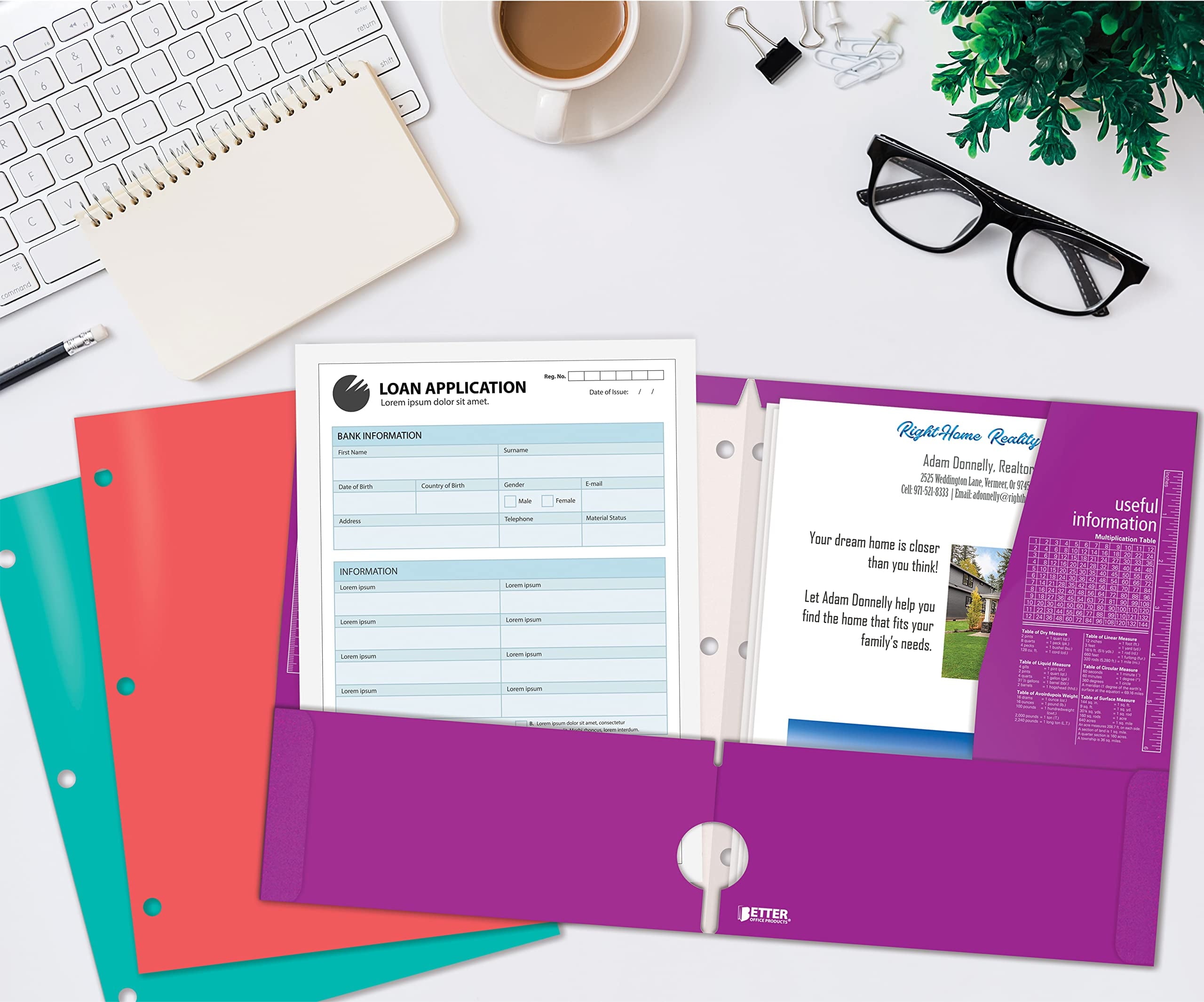 Better Office Products 4 Pocket Glossy Laminated Paper Folders (12 Pack), 3 Hole Punch Portfolios, Assorted Bright and Primary Colors