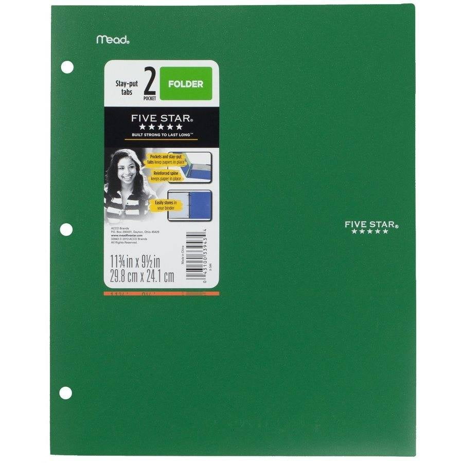 Five Star 2-Pocket Stay-Put Plastic Folder, Green (37451)