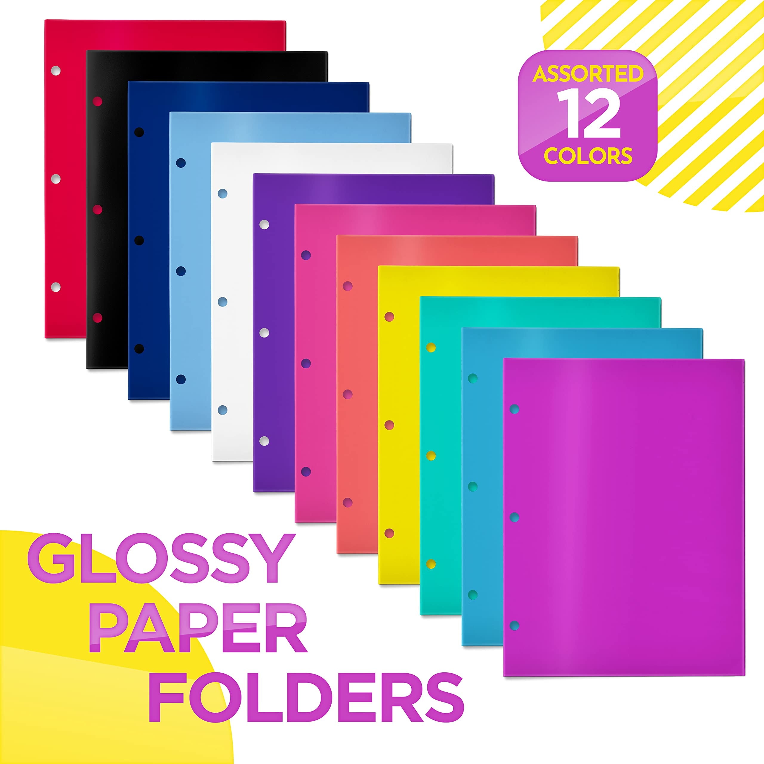 Better Office Products 4 Pocket Glossy Laminated Paper Folders (12 Pack), 3 Hole Punch Portfolios, Assorted Bright and Primary Colors