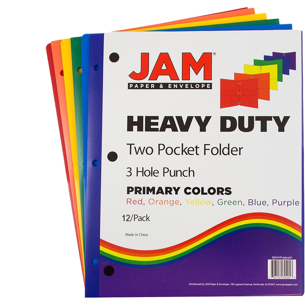 JAM Paper Plastic Heavy Duty 3 Hole Punch 2 Pocket School Presentation Folders, Assorted Colors, 12 pack