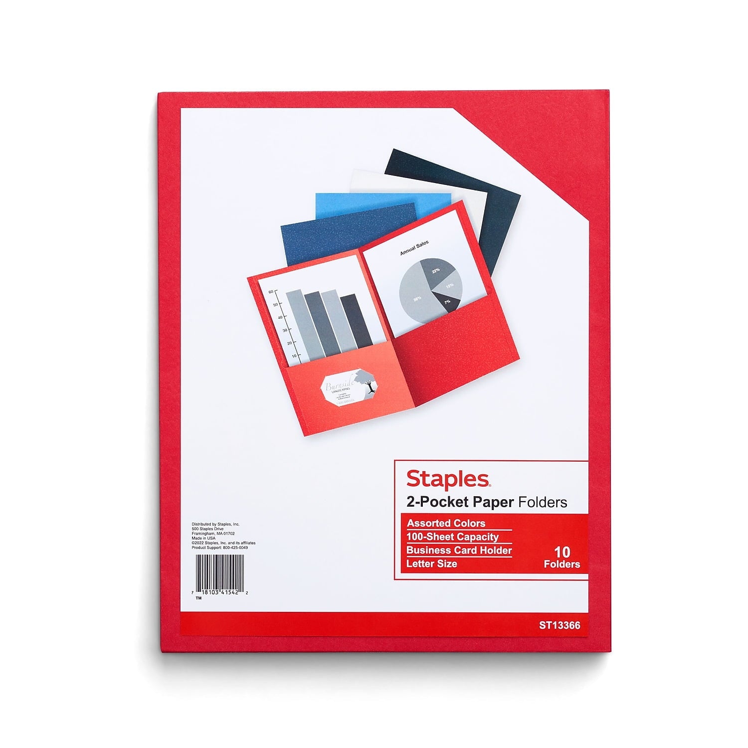 Staples 10% Recycled Smooth 2-Pocket Paper Presentation Folder Assorted Colors 10/Pack (13366-US)