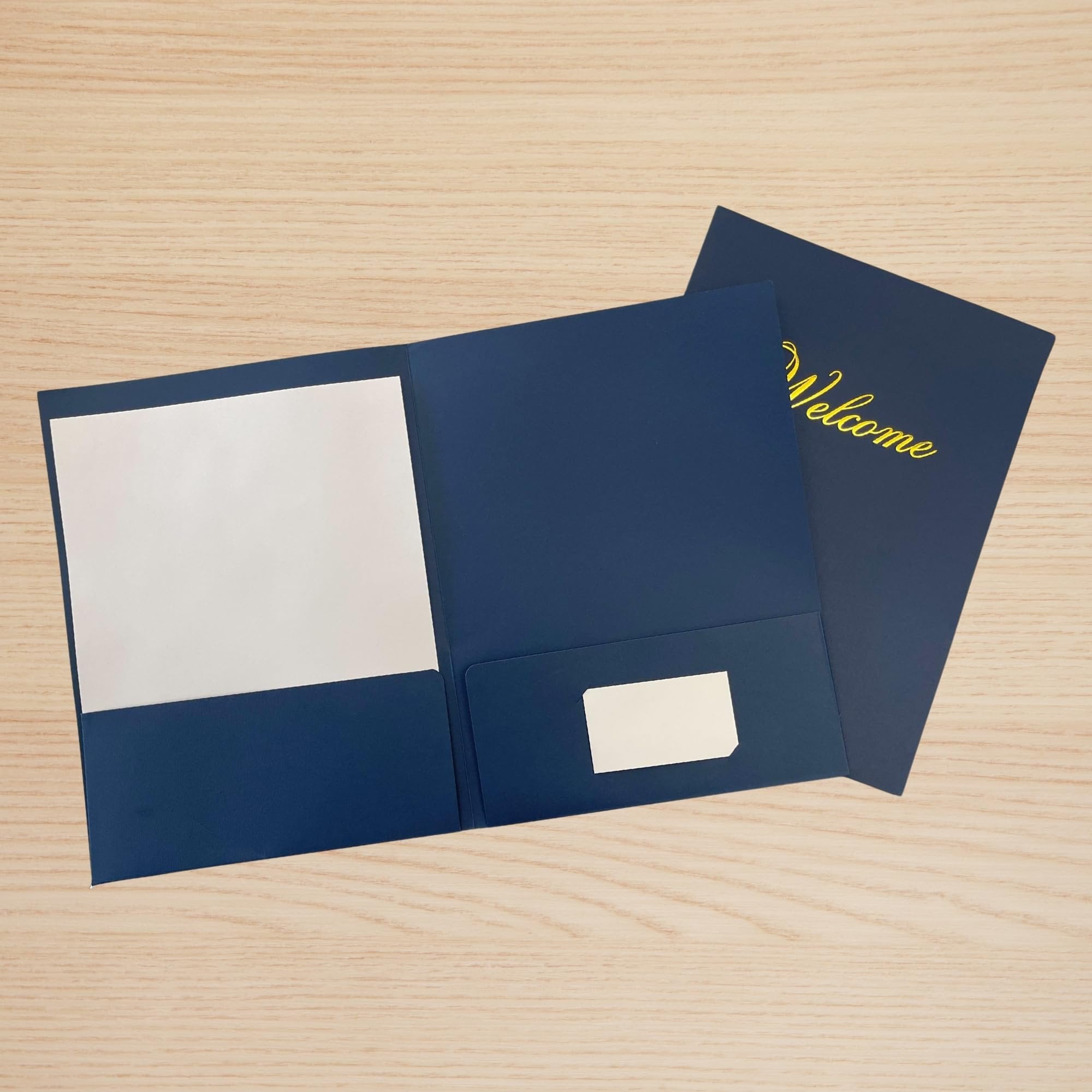 Welcome Packet Folders Dark Blue Linen Full Size with Two Pockets  25 pk 9x12 Gold Foil Membership, Church, Team, New Hire, Visitors Business Card Insert HR Professional