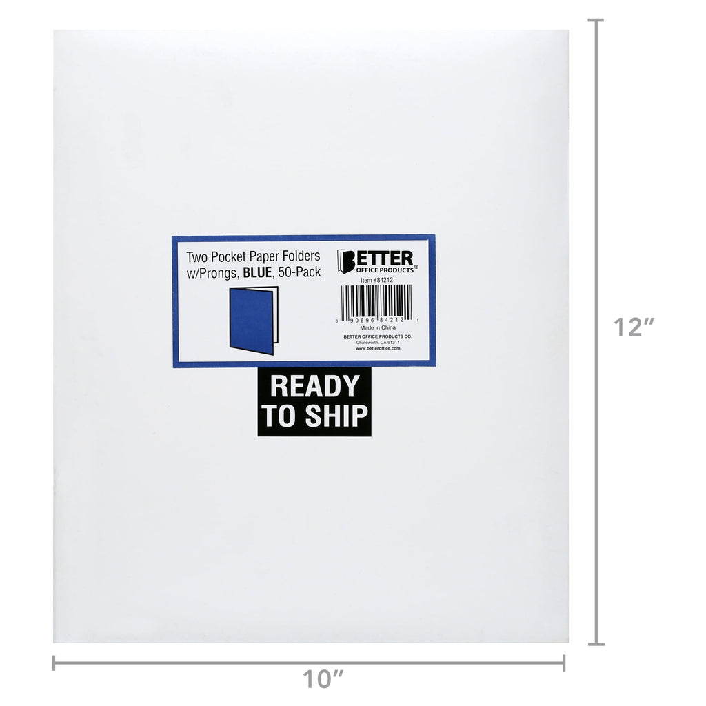 Better Office Products Blue Paper 2 Pocket Folders with Prongs, Blue, 50 Pack