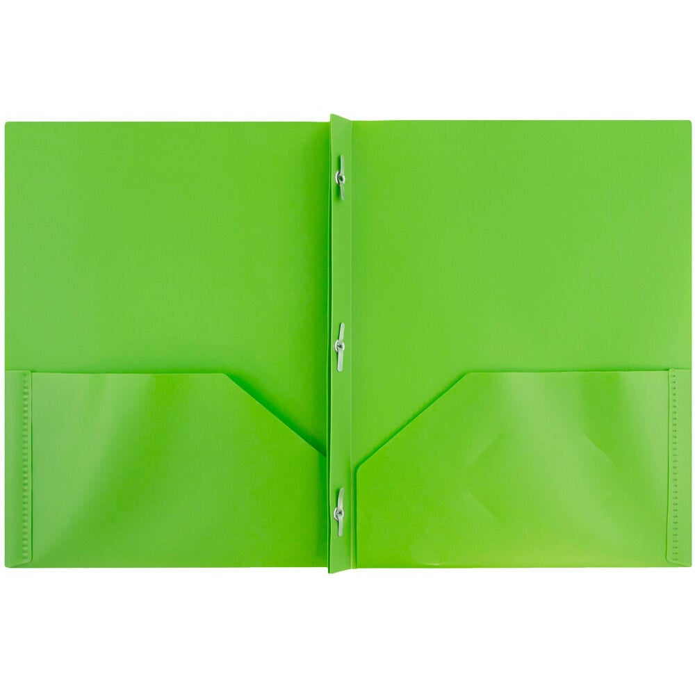 JAM Paper Plastic 2 Pocket School POP Folders with Metal Prongs Fastener Clasps, Lime Green, 3/Pack