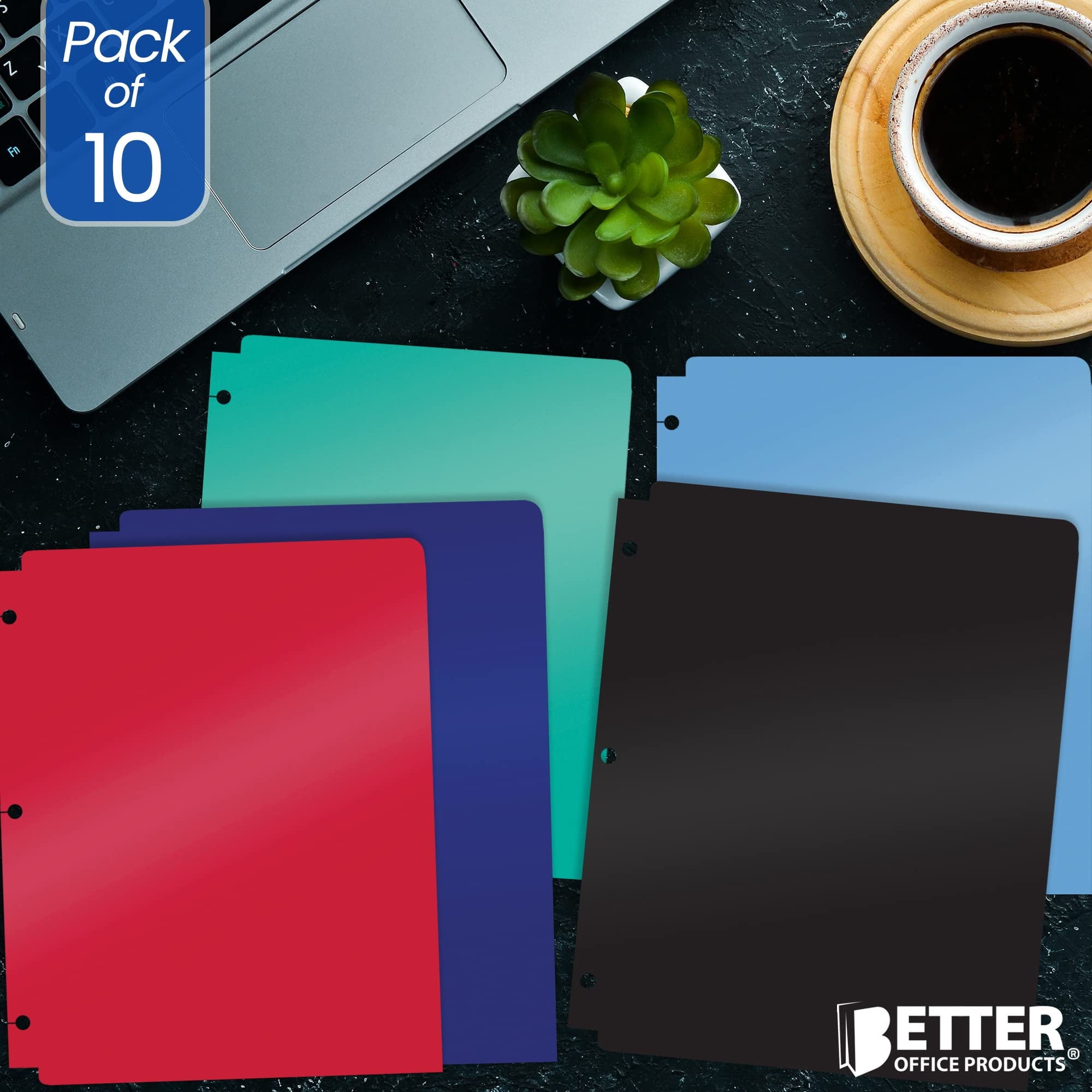 3 Hole Punch Pocket Folders, 10 Pack, Sturdy Plastic 2 Pocket Folders, Assorted Colors, Letter Size, Snap in Binder Folders with Business Card Slot, by Better Office Products, 10 Pack