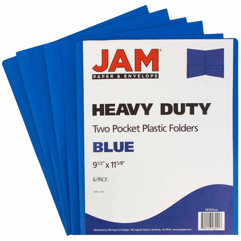 JAM Paper Heavy Duty Plastic Two Pocket Presentation Folders, Blue, 6 Pack