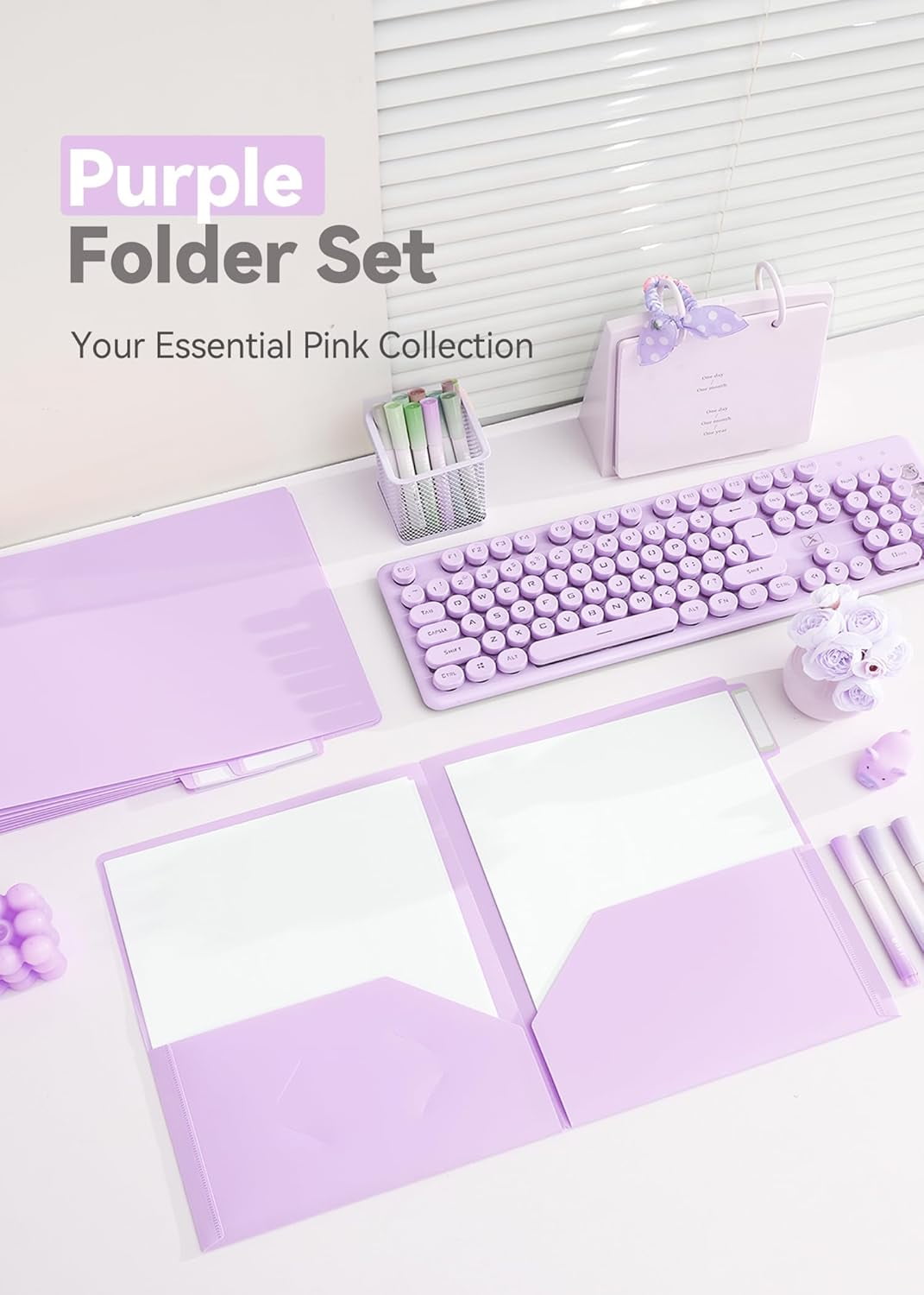 MetalM Plastic Folders with Pockets, 6 Pack Purple Folders for School, Unique 1/3 Cut Tabs with Colorful Labels, Letter Size