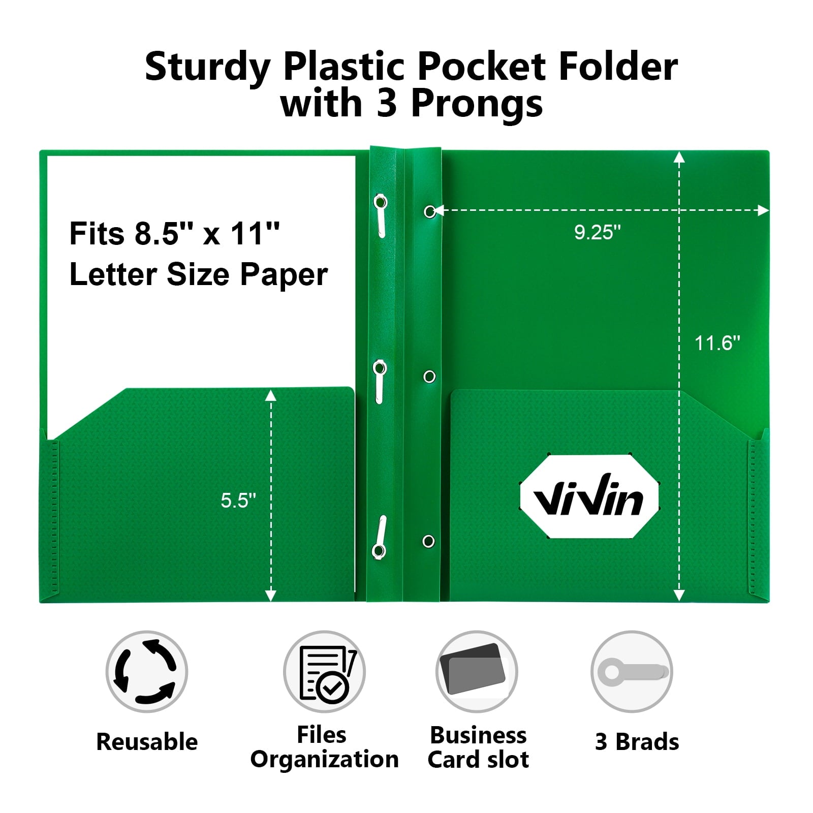 Vivin 10-Pack Plastic Folders with 3 Prongs and 2 Pockets, Green Lighting Pattern