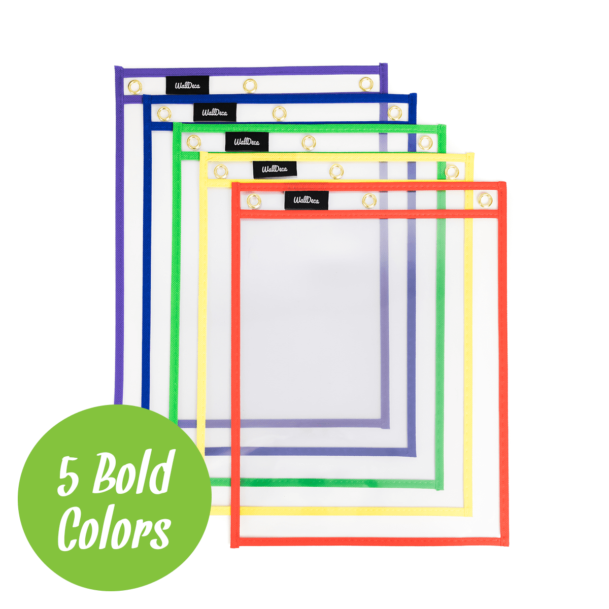 WallDeca Dry Erase Pocket Sleeves Assorted Colors , 9.3" x 13", Fits Full Pages, 5 Colors (25-Pack)
