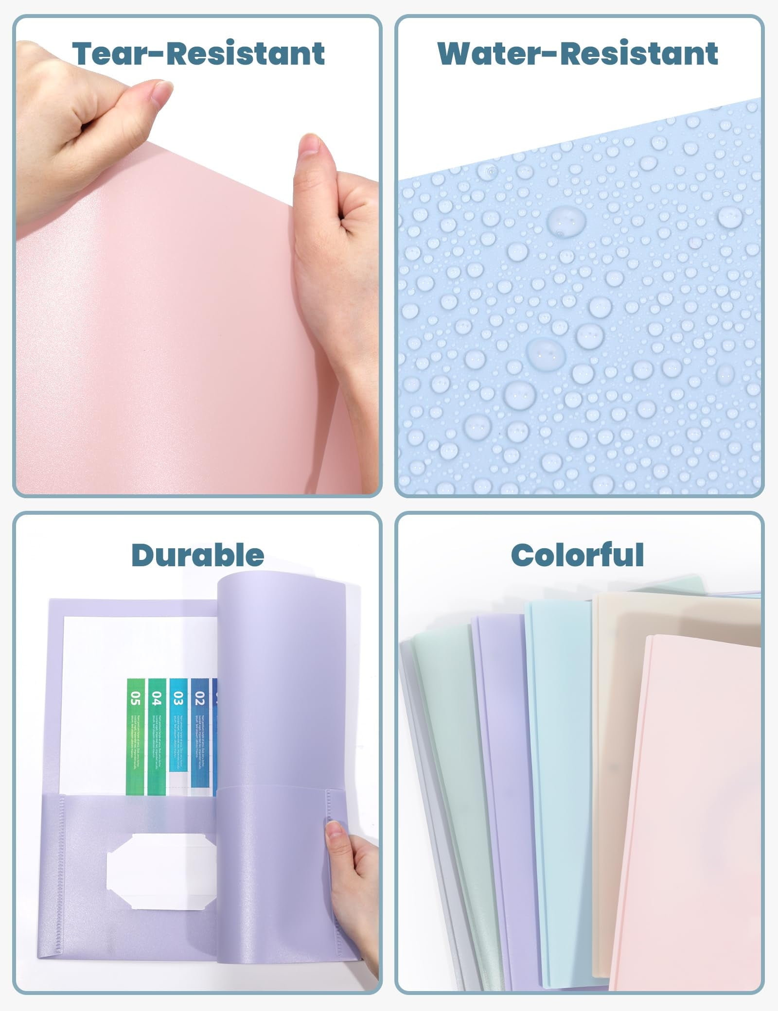SUNEE 3-Prong Plastic Folders with Pockets 6 Color Heavy Duty Two Pocket Folder Business Card Holder for Work Home (Pastel Colors)