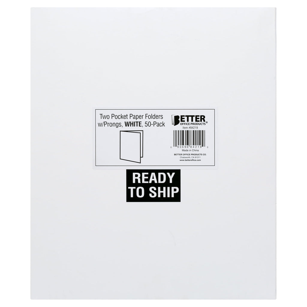 White Paper 2 Pocket Folders with Prongs, 50 Pack, by Better Office Products, Matte Texture, Letter Size Paper Folders, 50 Pack, with 3 Metal Prong Fastener Clips, White