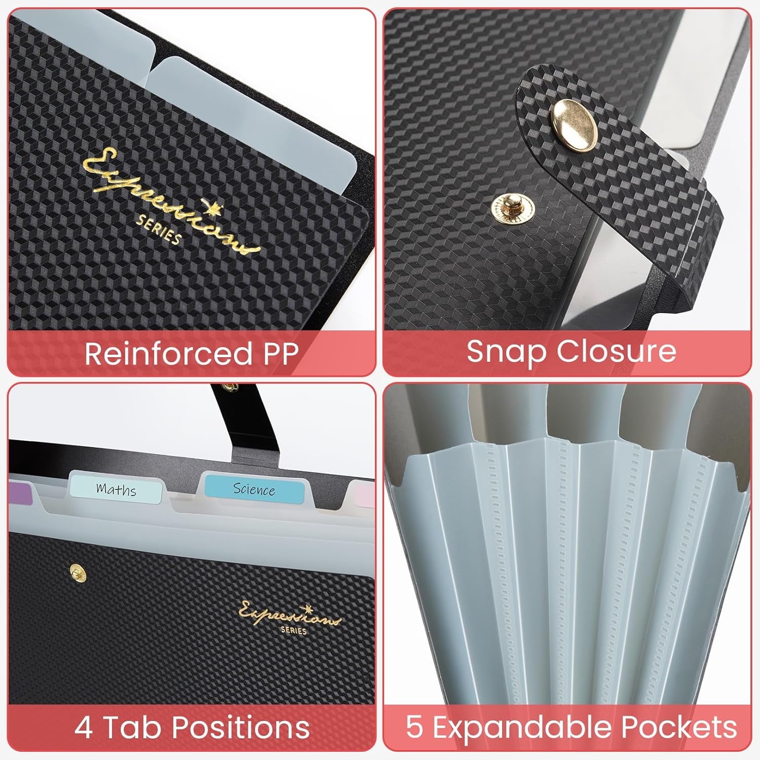 Sooez Accordion File Organizer, Letter Size Expanding File Folder with Labels, 5 Pocket Folders for Documents, Portable Paper Bill Receipt Organizer for Home School Office Supplies, Black