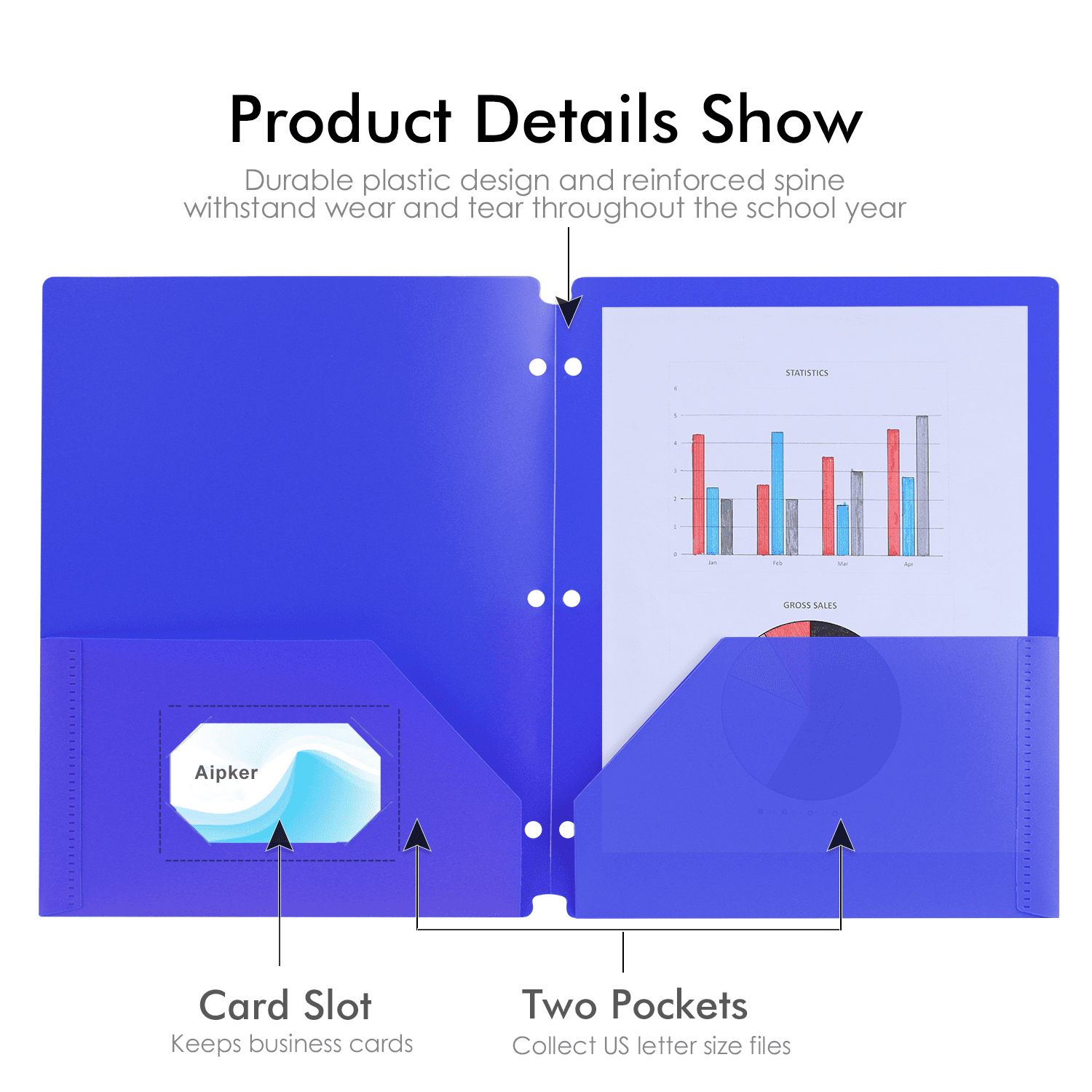 Aipker Plastic Folders with Pockets and Business Card Slots, 3 Hole Punched, Set of 7 Pack