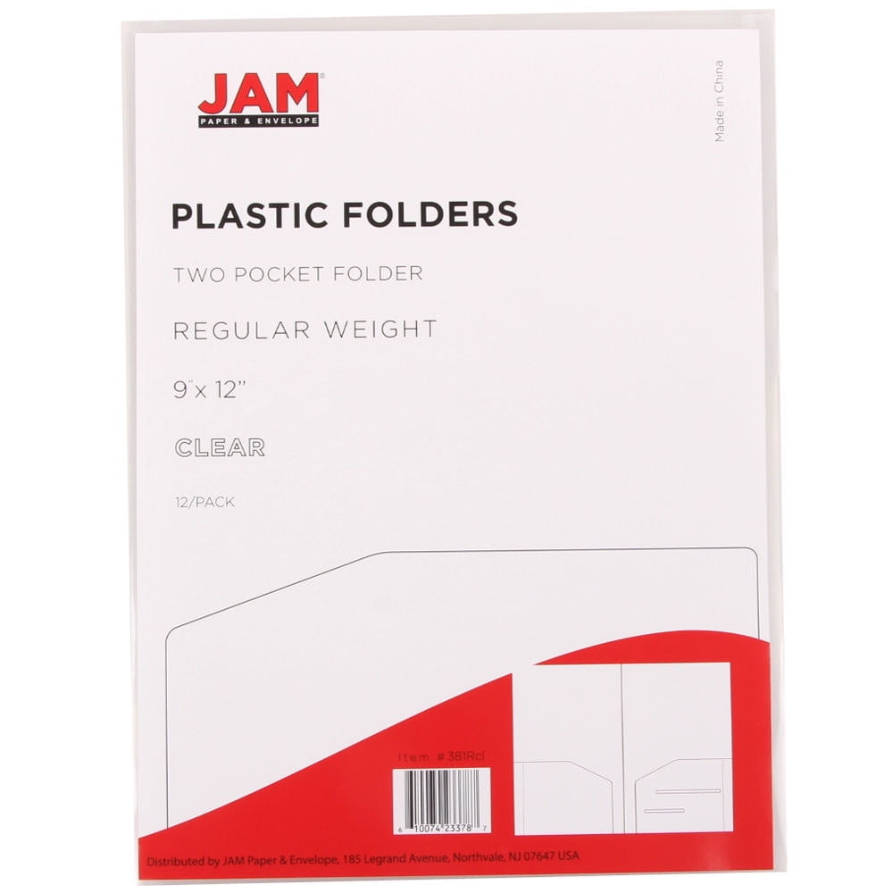 JAM Paper Plastic Regular Weight Folders, Clear, 6 per Pack, Two Pocket