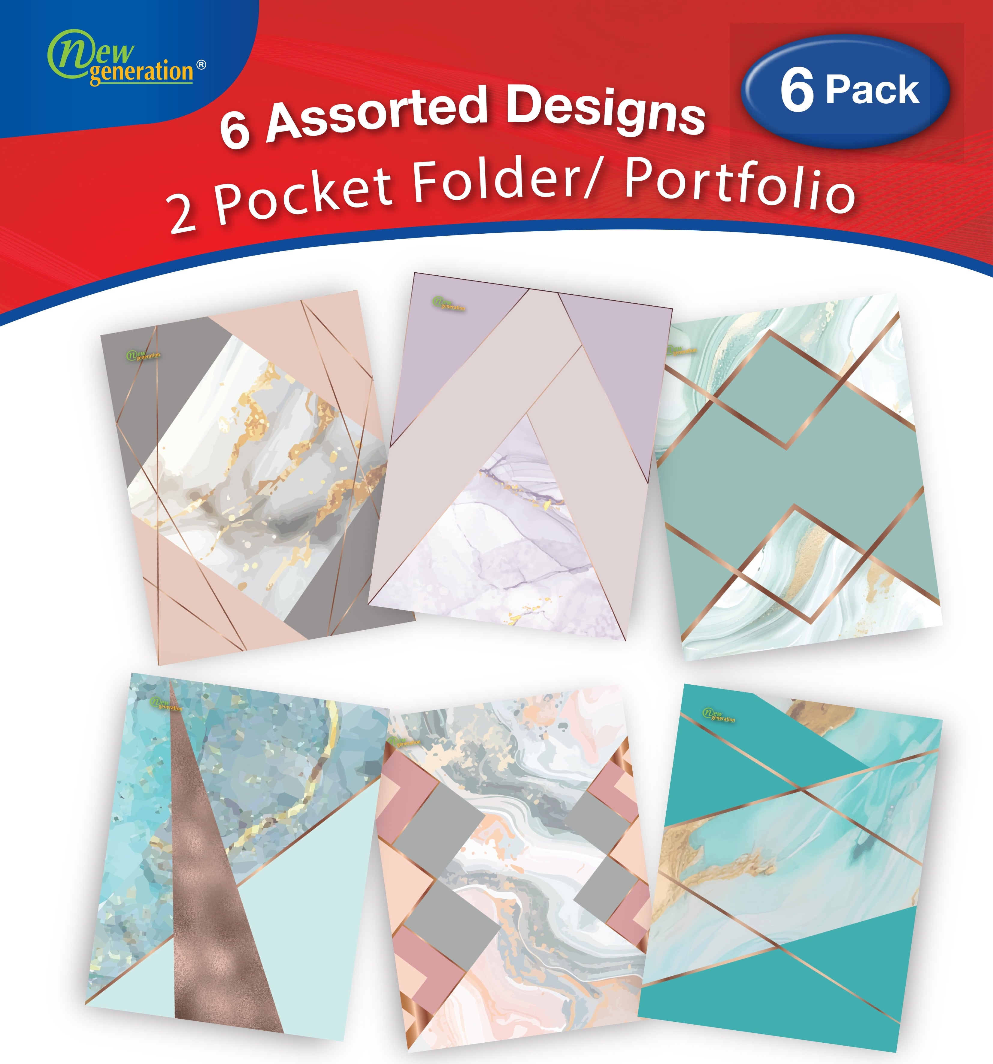 New Generation Geometric 2-Pocket Folders, Multicolor, 6 Count