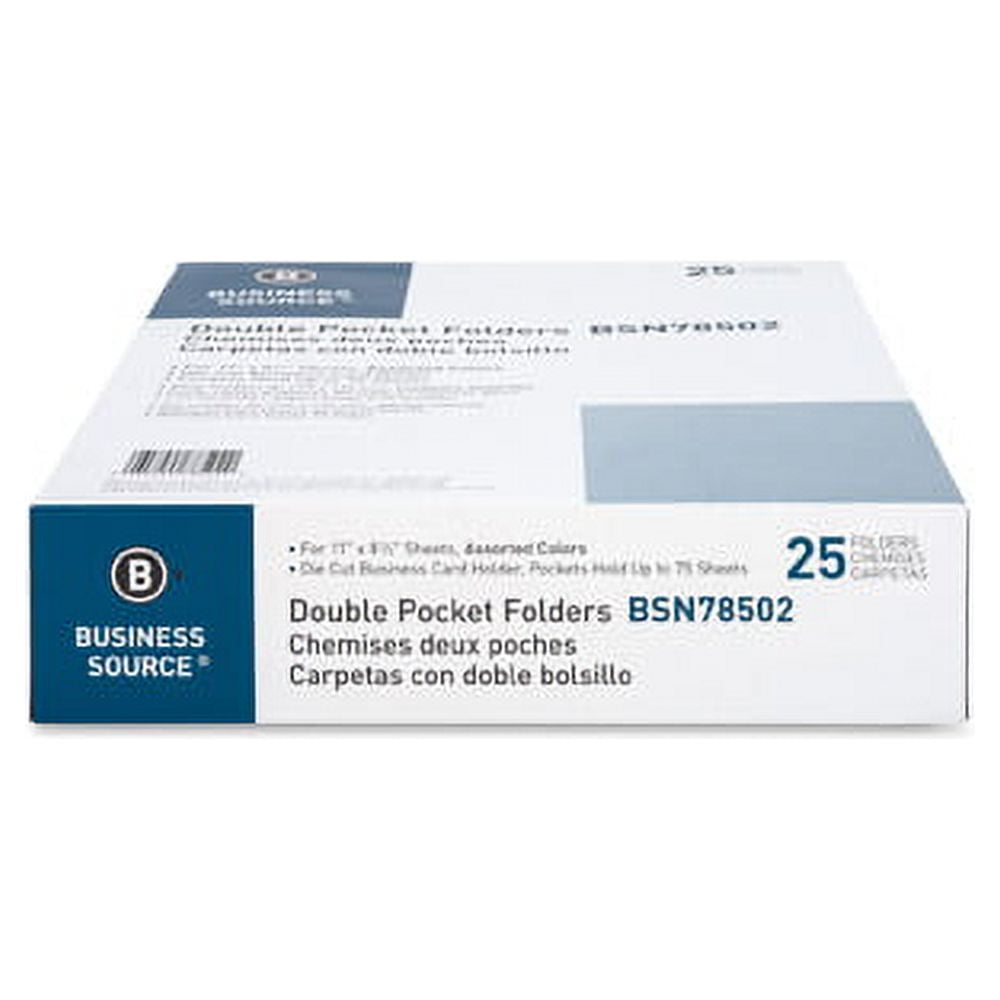 Business Source Two-Pocket Folders Letter - 8 1/2" x 11" Sheet Size - 125 Sheet Capacity - 2 Internal Pocket(s) - Paper - Assorted - 2.20 lb - Recycled - 25 / Box