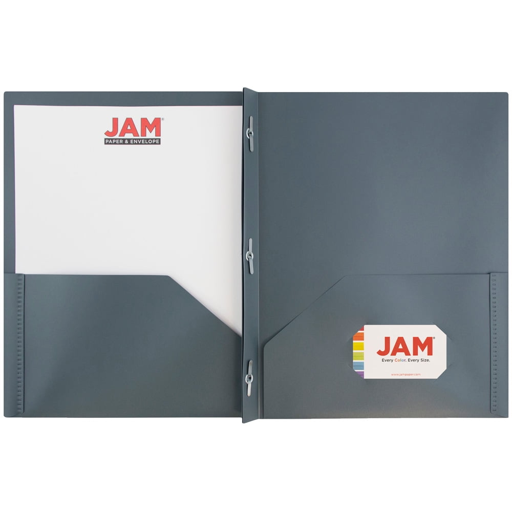 JAM Paper Plastic 2 Pocket School POP Folders with Metal Prongs Fastener Clasps, Grey, Bulk 96/Pack