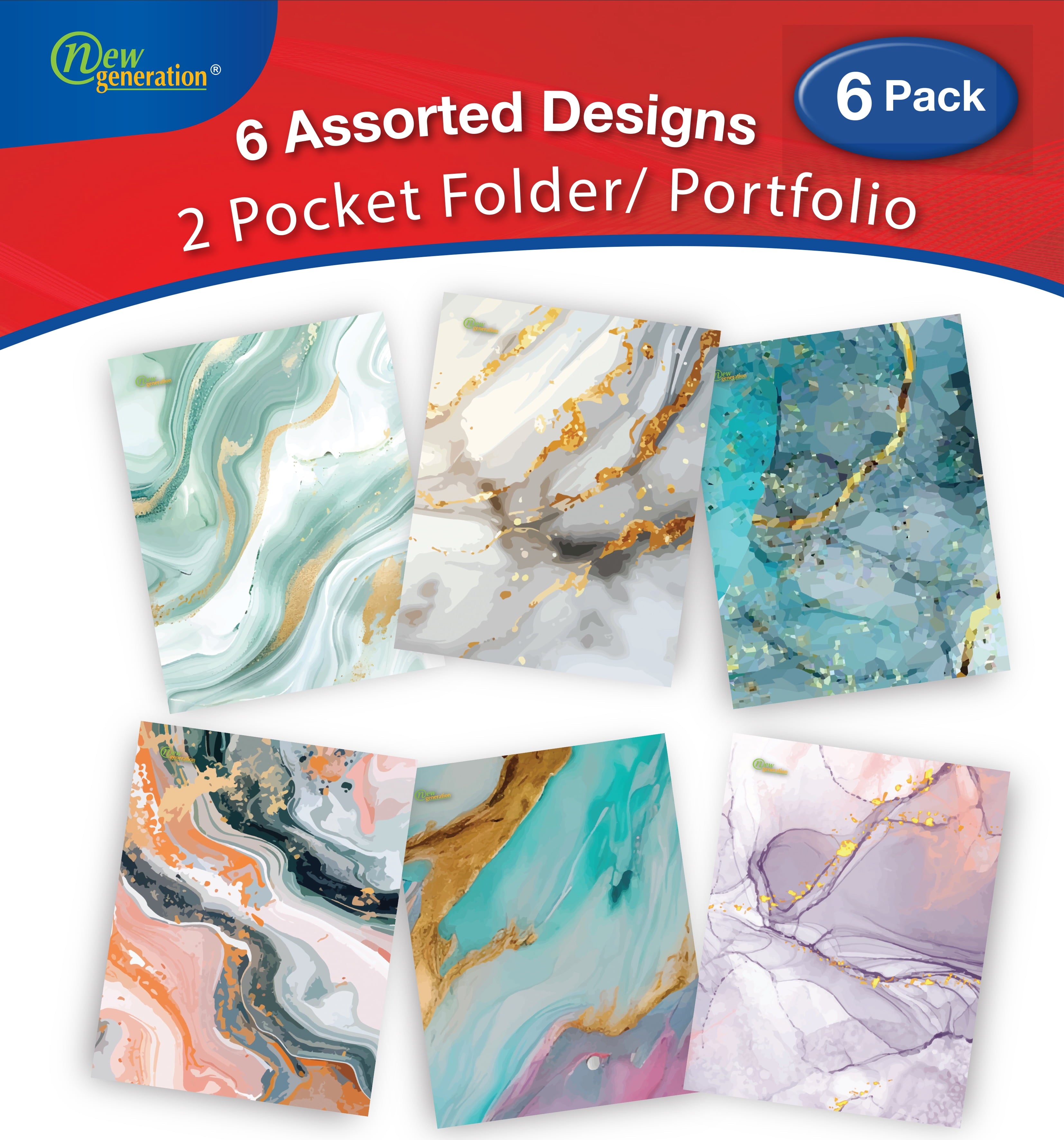 New Generation Marble 2-Pocket Folders, Letter Size, Multicolor, 6 Count