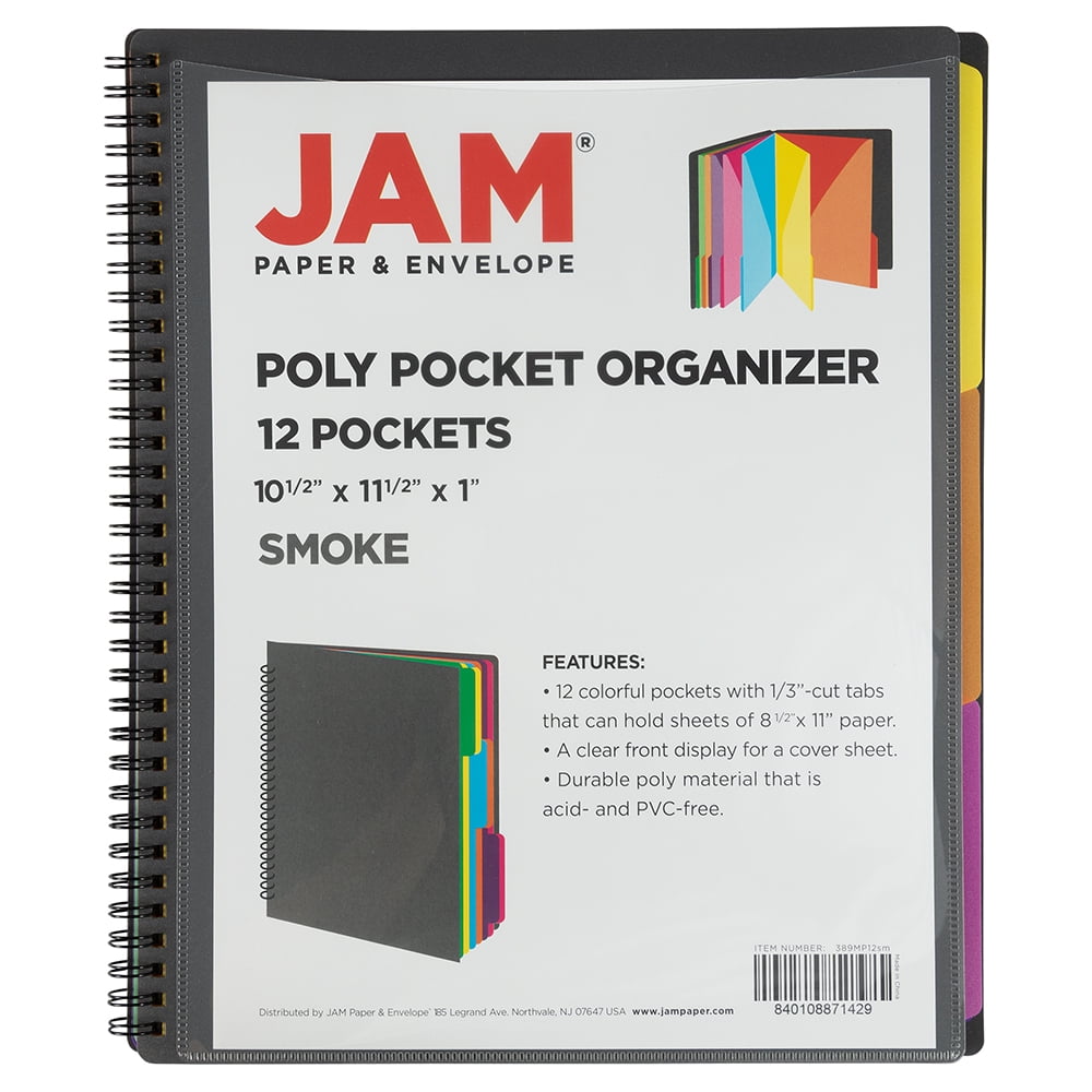 JAM Paper & Envelope Plastic Multi-Pocket Folder, 12 Pockets, Smoke Grey