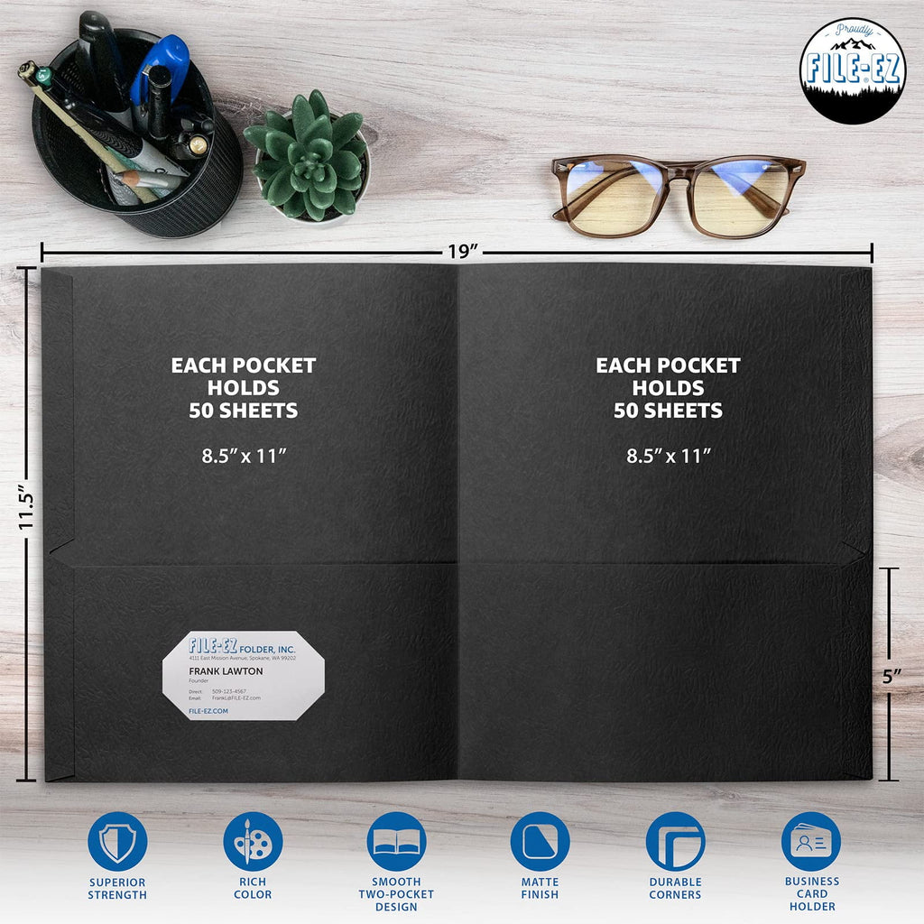 FILE-EZ Two-Pocket Folders, Black, 25-Pack, Textured Paper, Letter Size (EZ-52505), Made in USA