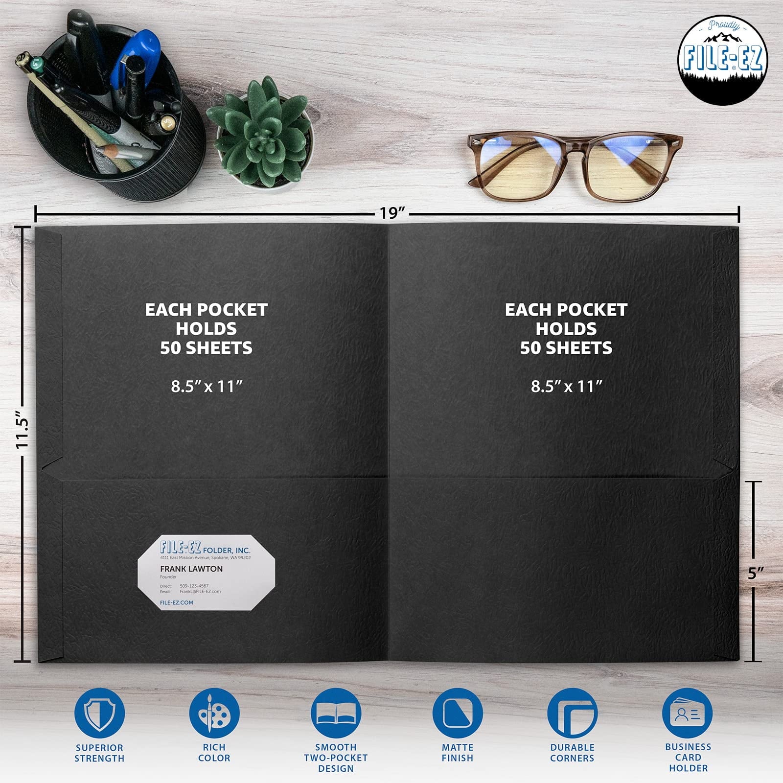 FILE-EZ Two-Pocket Folders, Black, 25-Pack, Textured Paper, Letter Size (EZ-52505), Made in USA