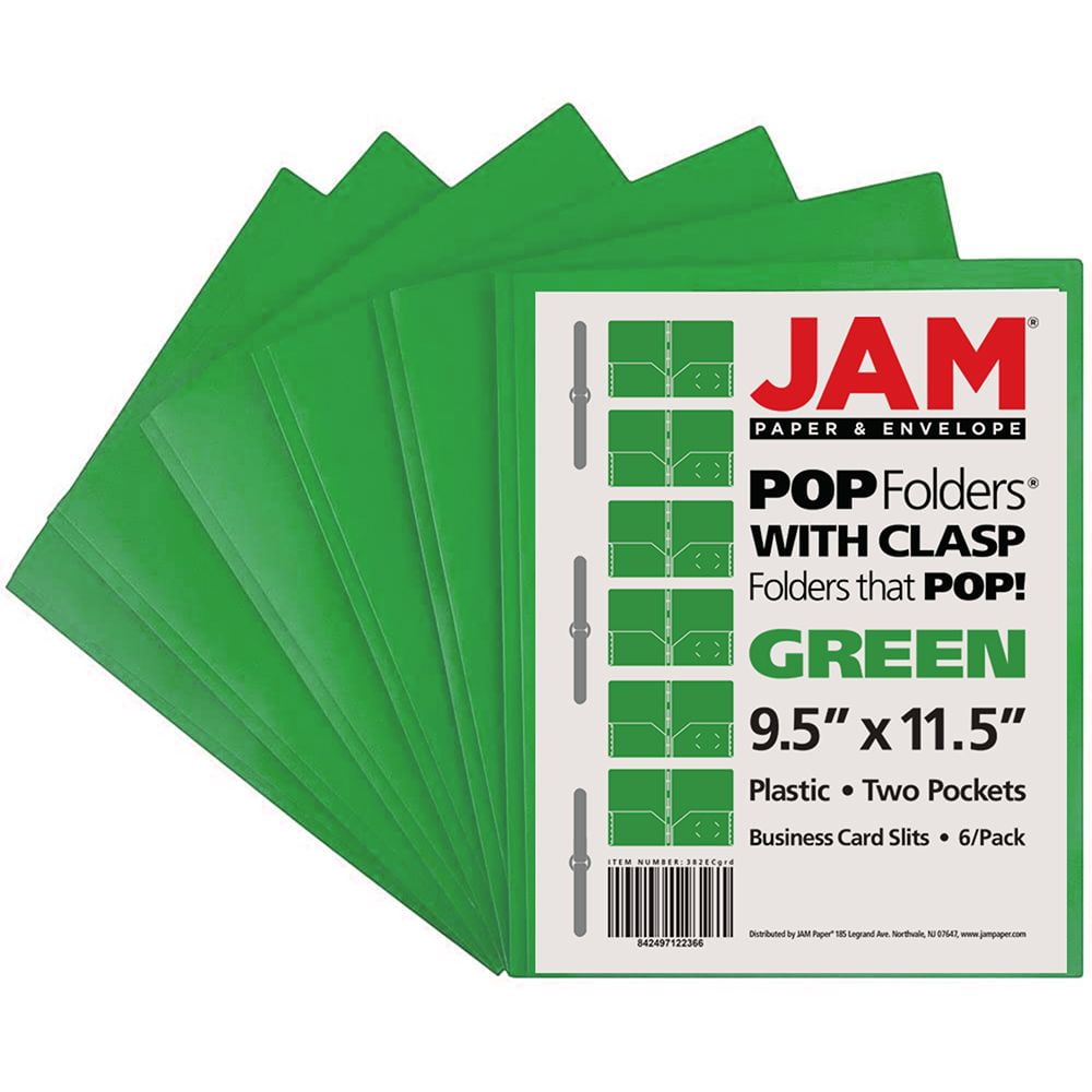 JAM Paper Plastic 2 Pocket School POP Folders with Metal Prongs Fastener Clasps, Green, 6/pack