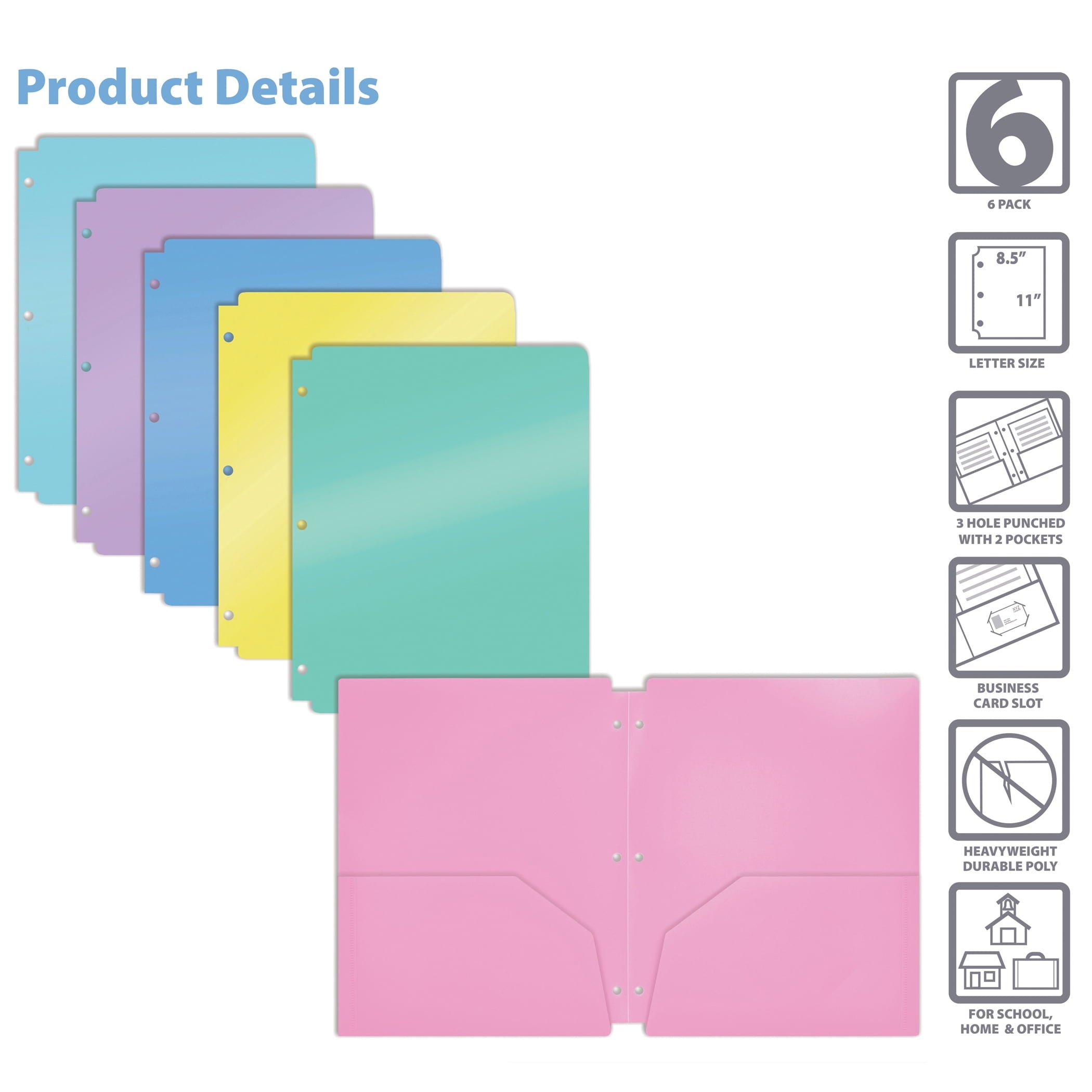 3 Hole Punch Pocket Folders, Bulk Pack, Sturdy Plastic 2-Pocket Folders, Assorted Pastel Colors, Letter Size, with Business Card Slot, by Better Office Products (6 Pack)