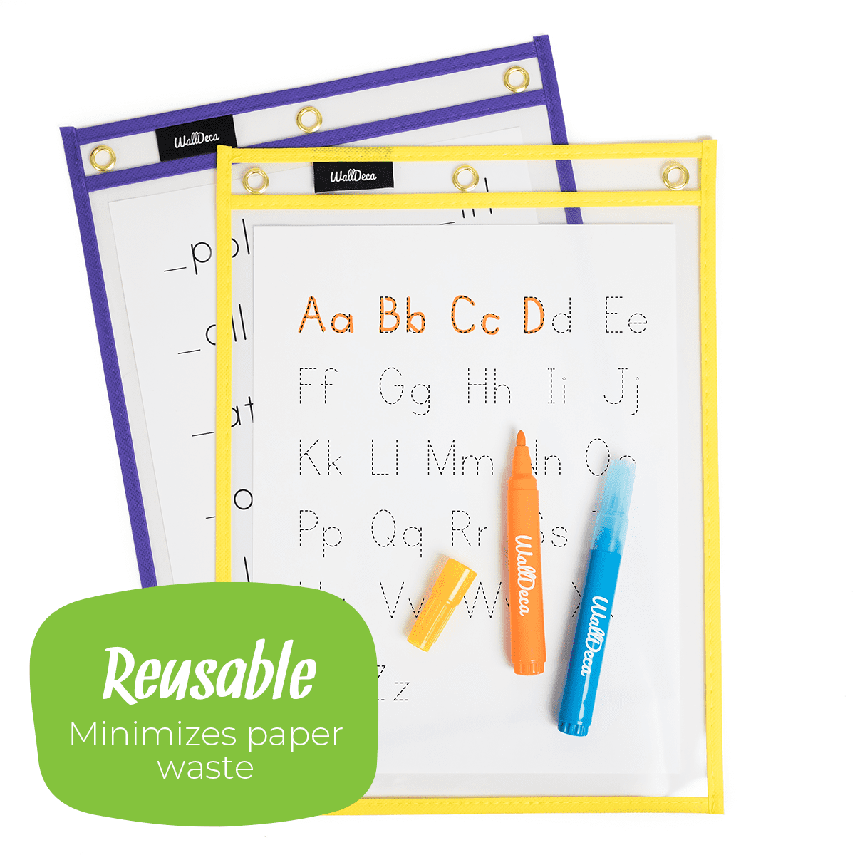 WallDeca Dry Erase Pocket Sleeves Assorted Colors , 9.3" x 13", Fits Full Pages, 5 Colors (25-Pack)