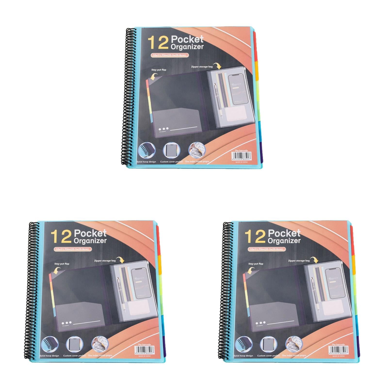 witspace 6/12 Pocket Poly Project Organizer, Round Tab Binder Organizer Spiral Project Folder Multi Pocket Folder Binder with Pockets Letter Size, Back Cover Utility Pouch, School Supplies