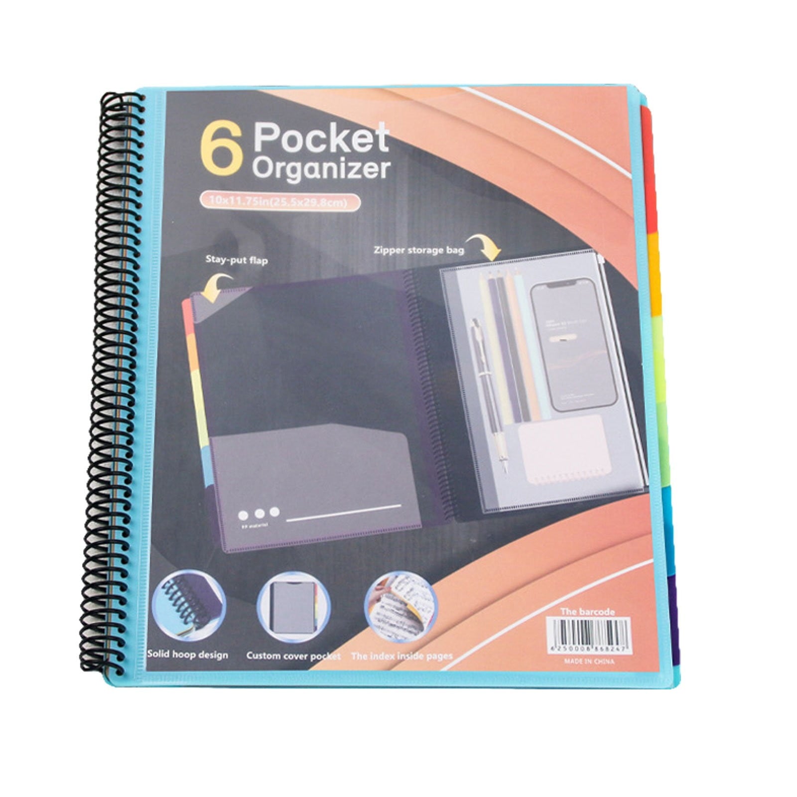 witspace 6/12 Pocket Poly Project Organizer, Round Tab Binder Organizer Spiral Project Folder Multi Pocket Folder Binder with Pockets Letter Size, Back Cover Utility Pouch, School Supplies